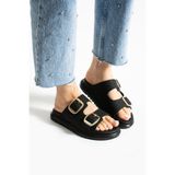 Güllü Shoes Siyah Hasır Dokulu Altın Tokalı Ortopedik Kadın Terlik | Şık, Hafif ve Rahat Yazlık Günlük Model