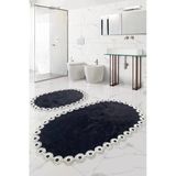 Gülruba Oval Siyah Çeyizlik Dantelli 2'Li Banyo Paspası Seti Kaymaz Tabanlı Klozet Takımı