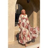 Gülşah collection Bel Bağlama Detaylı Çiçek Desenli Şifon Elbise - Bordo