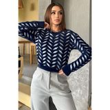 Gülseli Bisiklet Yaka Desenli Yumoş Iplik Croptop Kadın Triko Kazak - Standart - Lacivert