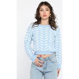 Gülseli Bisiklet Yaka Desenli Yumoş Iplik Croptop Kadın Triko Kazak - Standart - Mavi