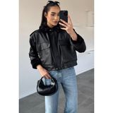 Gülseli Kadın Bel Lastikli Kürklü Suni Deri Mont P-00019023 - Standart - Siyah