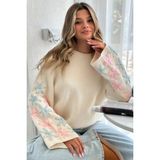 Gülseli Kadın Bisiklet Yaka Kollar Çiçek Nakışlı Salaş Triko Kazak P-00019005 - Taş - 36