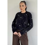 Gülseli Kadın Çiçek Baskılı Taşlı Sakallı Triko Kazak (S-M-L Beden Uyumludur.) P-00018050 - Siyah - Standart
