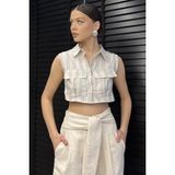 Gülseli Kadın Çift Cepli Çizgi Desenli Sıfır Kol Keten Crop Top Gömlek P-00016562 - Taş - 40