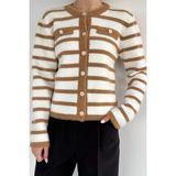 Gülseli Kadın Çizgi Desenli Gold Düğmeli Yumoş Triko Ceket (S-M-L-Xl Beden Uyumludur.) P-00018070 - Standart - Bej