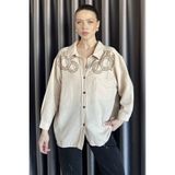 Gülseli Kadın Nakışlı Oversize Gömlek P-00016304 - Taş - Standart