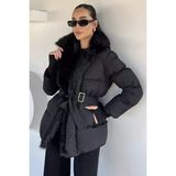Gülseli Kadın Peluş Detaylı Bel Kemerli Mont P-00019882 - 38 - Siyah