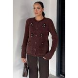 Gülseli Kadın Pul Işlemeli Yumoş Iplik Triko Ceket P-00018226 - Kahve - Standart