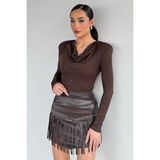 Gülseli Kadın Püskül Detaylı Suni Deri Mini Etek P-00019757 - Kahve - 36