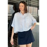 Gülseli Kadın Tek Cepli Çizgi Desenli Oversize Gömlek - 36 - Mavi