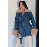 Gülseli Kadın Yaka Kol Kürk Detaylı Jean Kot Ceket P-00018979 - Koyu Mavi - 38