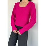 Gülseli Kare Yaka Örgü Desenli Kadın Triko Kazak P-00018861 - Fuşya - Standart