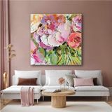 GülsenArt Pembe Çiçek Buketi Fırça Izleri Bitki Kare Hd Baskı Kanvas Tablo - 70x70