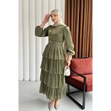 Gülsoy GÜLSOY-Kat Kat Kuşaklı Şifon Tesettür Elbise-HAKİ YEŞİL