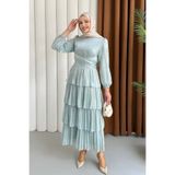 Gülsoy Kat Kat Kuşaklı Şifon Tesettür Elbise-SU YEŞİLİ