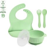 GÜLÜMSE BEBEK Silikon Beslenme Seti Silikon Vakumlu Kapaklı Mama Kasesi , Silikon Önlük, Çatal Ve Kaşık / Yeşil
