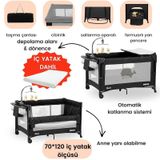 Gulz Beskar Anne Yanı Sallanır Cibinlikli Dönenceli Alt Açmalı Oyun Parkı Bebek Beşik 70 x 120 CM + Yatak Siyah siyah