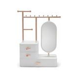 Gümrük Bey Aynalı Takı Düzenleyici Organizer – Çekmeceli Masaüstü Takı Standı, Rose Gold Metal Askılı - Beyaz