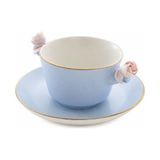 Gümrük Bey Villari Baby Blue-Pink Çay Fincanı & Tabağı | Italyan El Yapımı Porselen, Lüks Koleksiyon - 14x7 - Mavi