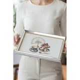 Gümüş Çerçeveli Çay ve Tatlı Temalı Lüks Dikdörtgen Cam Tepsi - 44x30 cm