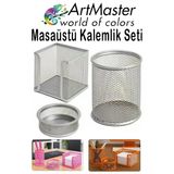 Gümüş Gri Masaüstü Fileli Kalemlik Seti 3 Parça 1 Paket 3 Lü Masa Üstü Düzenleyici Kalemlik Küp Notluk Ataşlık