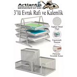 Gümüş Gri Metal Evrak Rafı 3 Lü Ve Masaüstü Kalemlik 1 Paket Masaüstü A4 Dosya 3 Katlı Düzenleyici Kağıt Tepsisi Metal