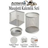 Gümüş Gri Metal Evrak Rafı 3 Lü Ve Masaüstü Kalemlik 3 Lü 1 Paket Masaüstü A4 Dosya 3 Katlı Düzenleyici Kağıt Tepsisi