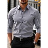 Gümüş Gri Pamuklu Saten Fit Kesim Gömlek (Siyah Düğme Detaylı) - 2XL