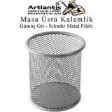 Gümüş Gri Silindir Masa Üstü Kalemlik 1 Adet Metal Fileli Renkli Perforeli Yuvarlak Kalemlik Ofis Büro Okul