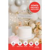Gümüş Halkalı Happy Birthday Pasta Süsü – Çiçekli Fiyonklu Parlak Doğum Günü Dekoru PRTPN-1569-5GMS