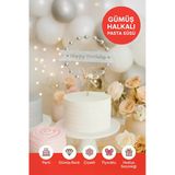 Gümüş Halkalı Happy Birthday Pasta Süsü – Çiçekli Fiyonklu Parlak Doğum Günü Dekoru