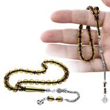 Gümüş Hediye Al Damla Kehribar Tesbih - 925 Ayar Gümüş Kral Zincir Püsküllü - Ihlamur Sarı - Fasetalı Küre Kesim