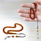 Gümüş Hediye Al Damla Kehribar Tesbih - 925 Ayar Gümüş Püsküllü - Bal Rengi - Küre Kesim