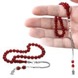Gümüş Hediye Al Damla Kehribar Tesbih - 925 Ayar Gümüş Püsküllü - Kırmızı Renk - Küre Kesim