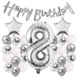 Gümüş Konsept 8 Yaş Doğum Günü Kutlama Seti Beyaz Gümüş Konfetili Balon Rakam Yıldız Folyo Ve Banner