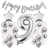 Gümüş Konsept 9 Yaş Doğum Günü Kutlama Seti Beyaz Gümüş Konfetili Balon Rakam Yıldız Folyo Ve Banner