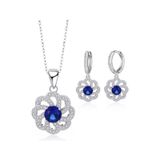 Gümüş Lüks Mavi Safir Taşlı Çiçek Model Kadın Kolye Küpe Set