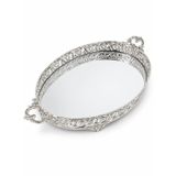 Gümüş Oval Aynalı Metal Çay Tepsisi, Çift Kulplu, Eskitme Finish, Dekoratif, 57x32x8 cm