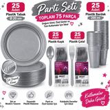 Gümüş Parti Seti 100 Parça, 25 Kişilik Plastik Tabak Bardak Çatal Kaşık | Doğum Günü ve Davetler, 20 cm Tabak, 200 ml Bardak, Tek Kullanımlık, Şık Tasarım, Hafif ve Pratik