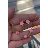 Gümüş Pembe Çocuk Yonca Küpe Bileklik Takım - Standart - Sarı