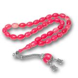 Gümüş Püsküllü Pembe Sıkma Kehribar Tesbih MKTB-T9196