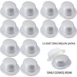 Gümüş Renk Simli Melon Yuvarlak Parti Şapkası 12 Adet - Lisinya - 001-Renkli