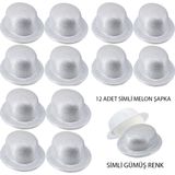 Gümüş Renk Simli Melon Yuvarlak Parti Şapkası 12 Adet MKTB-SMR-D237-12