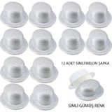 Gümüş Renk Simli Melon Yuvarlak Parti Şapkası 12 Adet P79653s9513