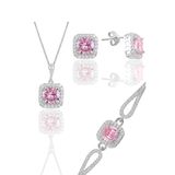Gümüş Rodyumlu Pembe Taşlı Kare Kolye Küpe Ve Bileklikten Oluşan Üçlü Set Sgtl11578pembe