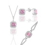 Gümüş rodyumlu pembe taşlı kare kolye küpe ve bileklikten oluşan üçlü set