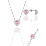 Gümüş rodyumlu pembe taşlı pırlanta modeli kalp kolye, küpe, bileklik üçlü set SGTL12211PEMBE