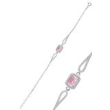 Gümüş rodyumlu pırlanta modeli pembe zirkon taşlı baget bileklik