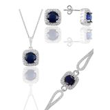Gümüş rodyumlu safir taşlı kare kolye küpe ve bileklikten oluşan üçlü set [barcode]
